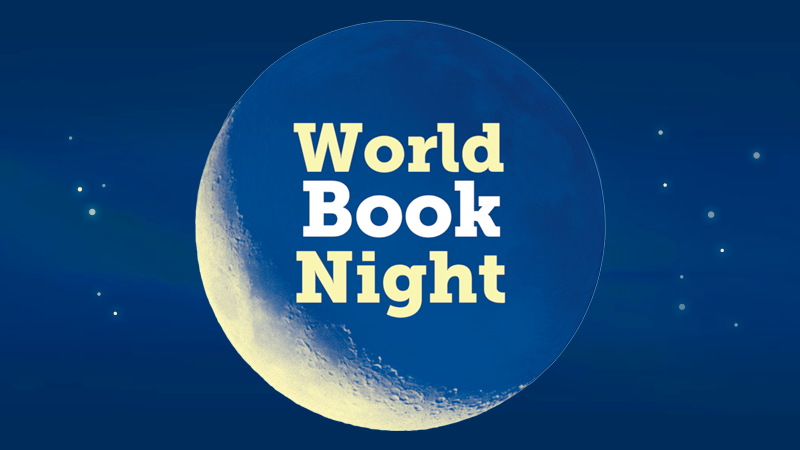 A dark blue graphic with a moon in the middle. It reads 'World Book Night'.